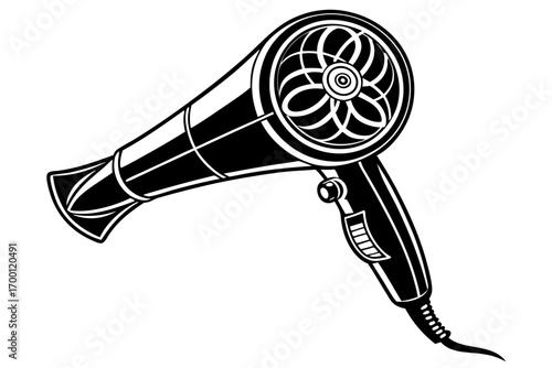 Stylized black and white illustration of a hair dryer