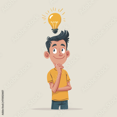 A young boy stands with a thoughtful expression, hand on chin, as a glowing light bulb hovers above his head, symbolizing insight and creativity.