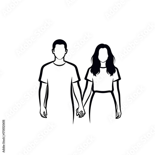 Minimalist White Outline of Couple Holding Hands, Faceless Relationship Vector