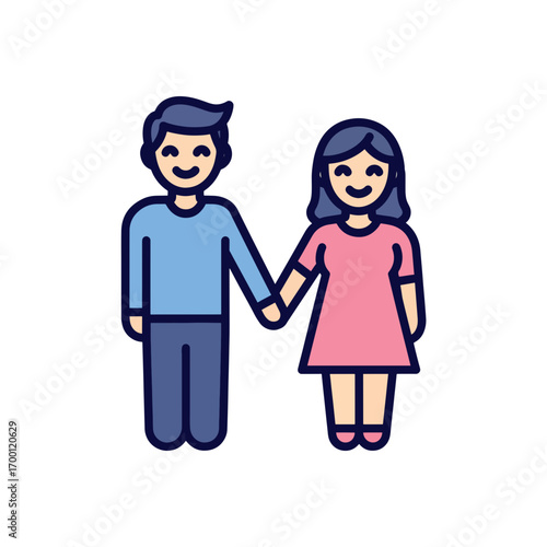 Cheerful Cartoon Couple Holding Hands with Smiling Faces, Relationship Vector Icon