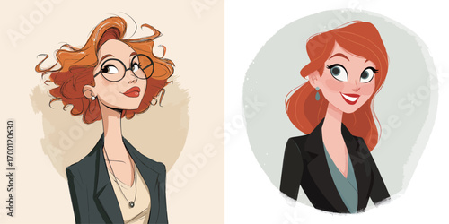 Two distinct character illustrations feature vibrant red hair in various styles, one with curly locks and glasses, and another with straight hair, both exuding charm.