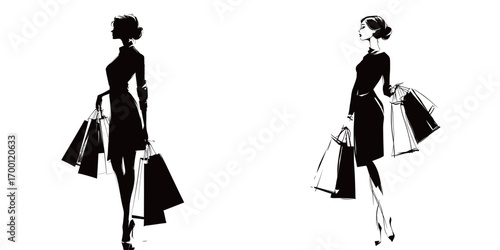 Two fashionable women stand confidently with shopping bags, dressed in chic black outfits, showcasing a modern and elegant style in a clean environment.