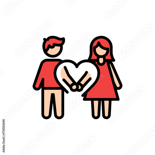 Simple Red Colored Icon of Man and Woman Holding Hands, Couple Love Vector