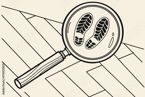 Magnifying glass over footprints on wooden floor