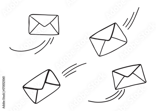 Vector doodle envelopes flying, romantic mail illustration with hand drawn letters, minimalist sketch style for Valentine’s Day and wedding invitations.