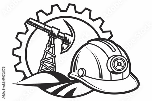 Oil rig and hard hat emblem for industry and labor
