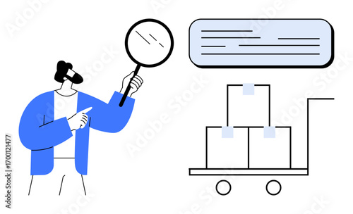 Man examines packages on a cart using a magnifying glass, highlighting inspection, quality control, or logistics processes. Ideal for audit, supply chain, shipping, commerce, analysis quality