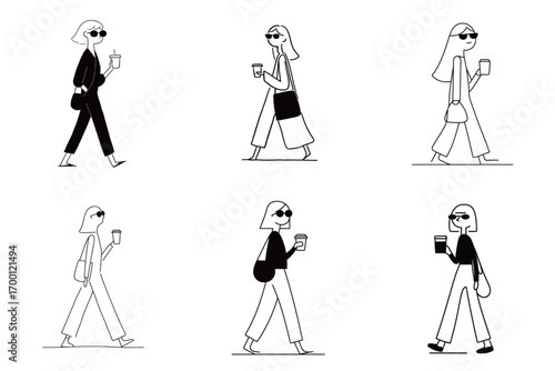 A fashionable young woman walks confidently along a city street, sipping from a beverage. Her chic outfit and sunglasses make her stand out in the lively environment.