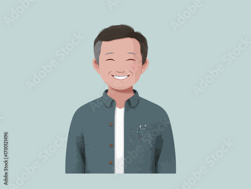 A young man with a bright smile is wearing a casual shirt. His cheerful expression radiates positivity in a minimalist setting. The background is light and unobtrusive.