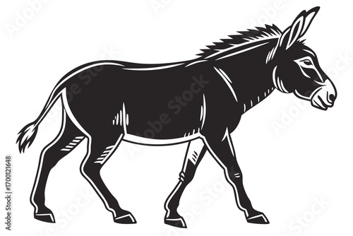 Stylized black silhouette of a donkey walking