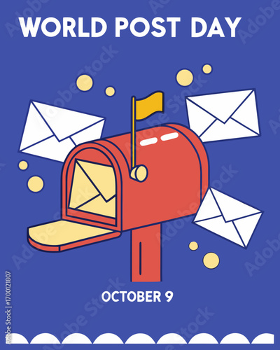 World Post Day illustration with red mailbox and flying envelopes on blue background October 9