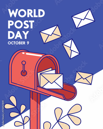 World Post Day illustration with red mailbox and flying envelopes on blue background October 9