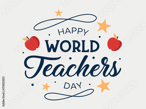 World Teachers Day greeting with stylized apples stars and decorative swirls Keywords: happy world teachers day