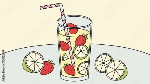 Refreshing summer drink illustration with strawberries and lime slices in a glass cup