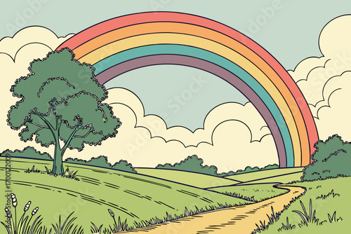 Idyllic countryside scene with a vibrant rainbow and winding path