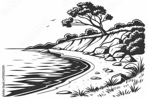 Serene coastal landscape with rocky shoreline and lone tree