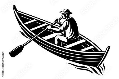 Man rowing a boat in black and white