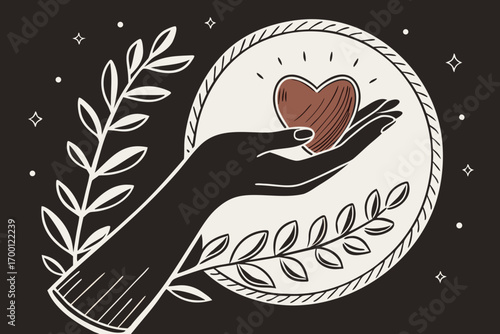 Hand holding a heart surrounded by laurel branches and stars