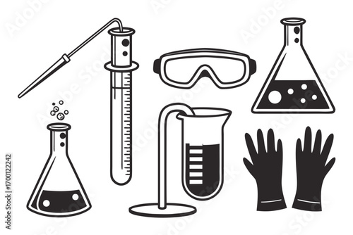Collection of scientific laboratory equipment and safety gear icons
