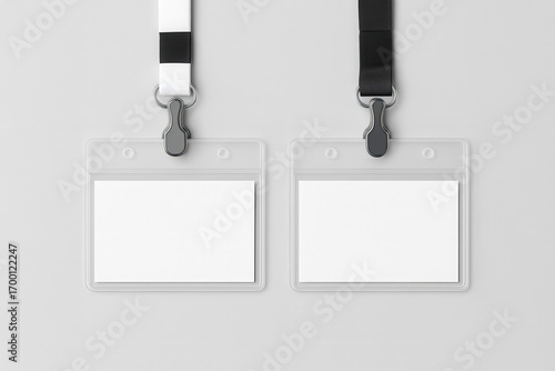 Empty identification name badges with black and white lanyards on a clean gray background, ideal for mockups and branding.