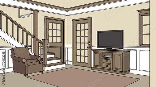 Living room interior design illustration with furniture tv armchair and staircase