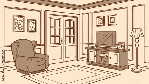 Drawing of a living room interior design with furniture and decor in sepia tones style