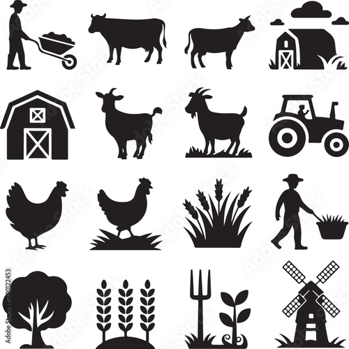 Farm Icons Silhouette Farmer Animals Barn Tractor Hay Wheat Pitchfork Windmill vector