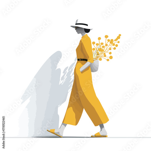 A fashionable woman strolls along a clean surface while carrying a bouquet of bright yellow flowers. She wears a trendy yellow jumpsuit, hat, and yellow sandals.