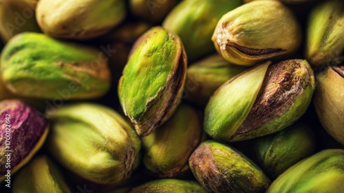 Detailed close-up of pistachio nuts reveals vibrant green shells and unique textures, emphasizing their natural beauty and rich colors in an appealing arrangement