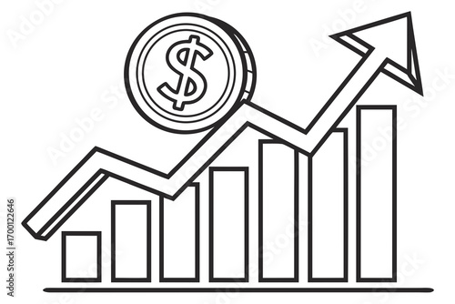 Dollar coin on a rising bar graph with an upward arrow