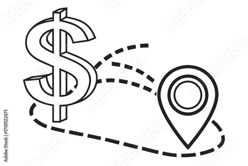 Dollar sign and location pin connected by dashed lines