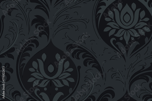 Dark Charcoal Floral Damask Pattern Seamless Background vector