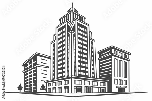 Modern cityscape with tall buildings and trees