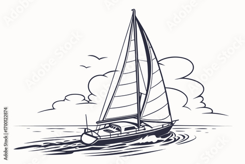 Sailboat sailing on the water with clouds and birds