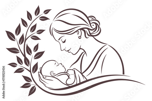 Mother and child embrace with leafy branch