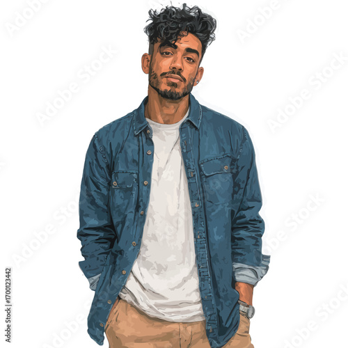 A young man stands confidently with his hands in his pockets, wearing a denim shirt over a white t-shirt. His curly hair and relaxed posture highlight his casual style.