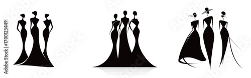 Three stylish silhouettes of women wearing elegant dresses stand together, reflecting a modern fashion design. The focus is on sophistication and grace in evening attire.