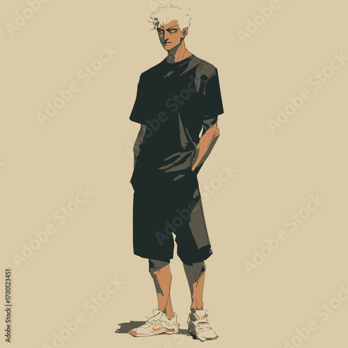 A young man with striking light hair stands confidently, wearing a basic black t-shirt and shorts. His casual sneakers complete the trendy look against a soft, neutral backdrop.