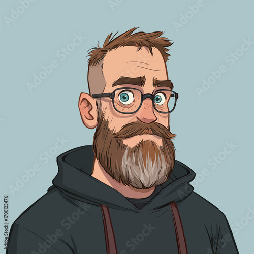 A man with short hair and a thick beard wears a dark hoodie and glasses. His expressive eyes and thoughtful expression create a unique character.