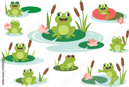 Cute Cartoon Frogs on Lily Pads in Pond Keywords: frogs, frog, amphibian, animal, cute, cartoon, illustration, pond, water, lily