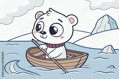 Cute polar bear rowing a boat in the arctic sea