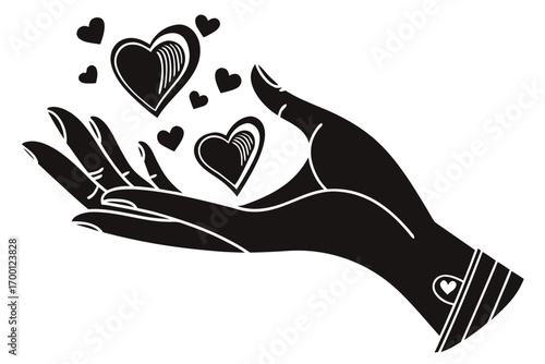 Black silhouette of hands holding and releasing hearts