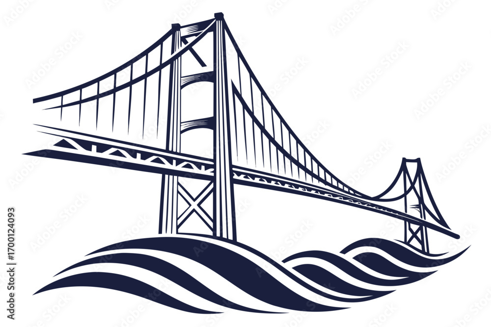 Fototapeta premium Stylized golden gate bridge over abstract waves