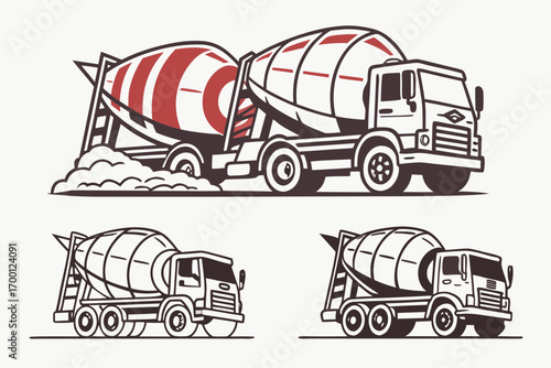 Stylized cement mixer trucks in different views