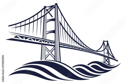 Stylized golden gate bridge over abstract waves