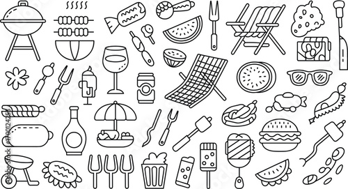 Doodle icons of barbecue and picnic items on white background grill chairs