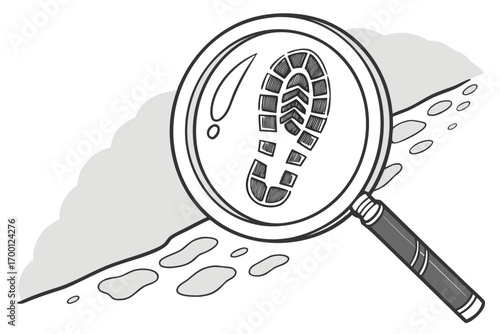 Magnifying glass inspecting a shoe print and footprints