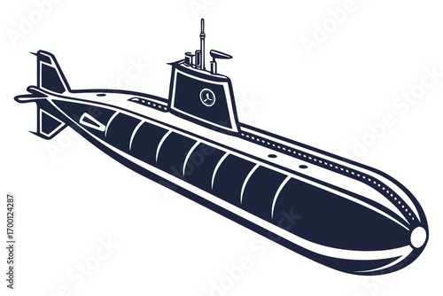 Stylized illustration of a dark blue submarine