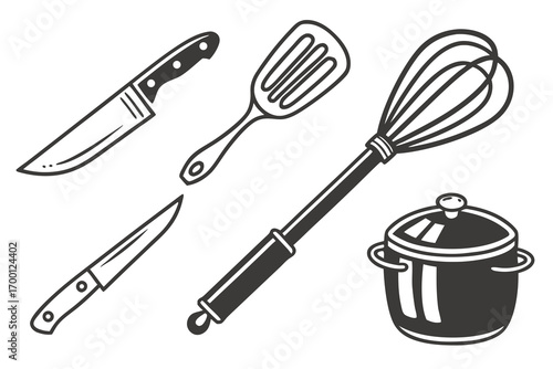 Collection of kitchen utensils and cookware line art