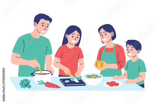 Happy family with two children cooking a healthy meal together in the kitchen, with parents teaching the kids how to prepare fresh vegetables for dinner
